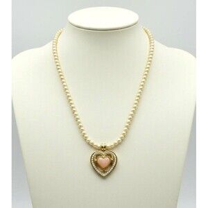 Vintage Gold Tone Faux Pearl Strand Pink Heart Cabochon Enhancer Pendant Necklac
